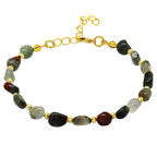 Gold Renk Metal Zincirli Dorika Top Süslemeli Amorf Kan Taşı Doğaltaş Kadın Bileklik