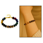 Gold Renk Metal Zincir Küre Kesim Çoklu Kaplan Gözü Doğaltaş Kombinli Kadın Enerji Bilekliği