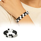 Çift Sıra Makrome Örgülü Küre Kesim Siyah Beyaz Jade Oniks Doğaltaş Kadın Taraftar Bileklik