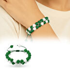 Çift Sıra Makrome Örgülü Küre Kesim Yeşil Beyaz Jade Doğaltaş Kadın Taraftar Bileklik