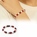 Küre Kesim Kırmızı Beyaz Jade Akik Hematit Doğaltaş Kadın Taraftar Bileklik M2