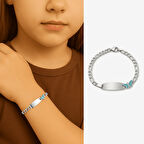 Çocuk Çelik Bileklik - İsme Özel Yazılı - Gümüş Renk - Turkuaz Kelebek Figürlü - Figaro Zincirli