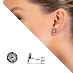 Mavi-Beyaz Zirkon Taşlı Çiçek Tasarım 925 Ayar Gümüş Kadın Küpe