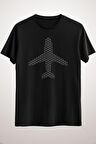 Erkek Siyah Plane Silhouette With Vector Grid Lines T-Shirt