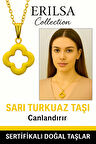 Sertifikalı Gold Yonca Model Sarı Turkuaz Taşı Kolye Neşe Verir