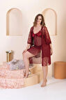 Battal Beden 3 Parça Takım Gecelik - Bordo