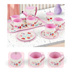 Çiçek Desenli Metal Çay Seti 12 Parça – Çocuklar İçin Renkli Oyun Çay Servis Takımı - Pembe