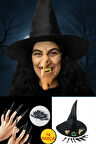 Cadılar Bayramı Halloween Cadı Kostüm Seti Şapka Burun Çene Tırnaklar ve Diş 14 Parça