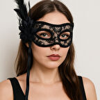 Dantel Temalı Tüllü Kuş Tüylü Çiçekli Maske Siyah Göz Maskesi Şık Parti Kostüm Aksesuarı