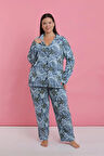 Moda Kadın Büyük Beden Mavi Tropikal Desenli Düğmeli Pijama Takımı