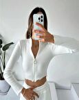 Kadın Beyaz Kaşkorse Kumaş Uzun Kollu Fermuarlı Crop Bluz