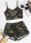 Kadın Kamuflaj Desenli Askılı Crop Top ve Şortlu Gecelik Takım