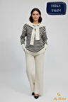 Kadın Triko Pantolon Takım Çizgili Atkı Detaylı Bisiklet Yaka Takım