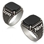 Siyah Kare Oltu Taş Pençeli 2 İsim Yazılı Gümüş Erkek Yüzük