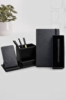 Siyah Defter & Gümüş Detaylı Roller Kalem & Masaüstü Telefonlu Kalemlik Hediye Seti