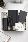 Defter & Deri Kılıflı 500 Ml Su Matarası & Mat Roller Kalem & Dikişli Mini Not Defteri Hediye Seti