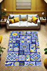Mavi Patchwork Seramik Desenli Pamuk Dokuma Kaymaz Tabanlı Dijital Baskılı Yıkanabilir Çini Desenli Mavi Salon Halısı