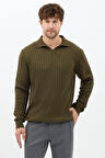 Haki Erkek Polo Yaka Fitilli Triko Kazak