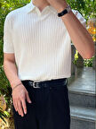 Beyaz Erkek Fitilli Polo Yaka Triko T-Shirt