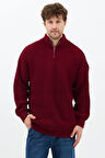 Bordo Erkek Oversize Fermuarlı Balıkçı Triko Kazak