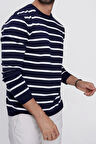 Erkek Lacivert Bisiklet Yaka Çizgili Casual Triko Kazak