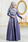 Tafta Koyu Lila Tesettür Abiye Elbise 3755KLILA