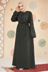 Boncuk İşlemeli Haki Tesettür Abaya 29130HK