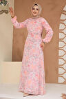 Çiçek Desenli Pudra Tesettür Elbise 279904PD