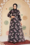 Çiçek Desenli Siyah Tesettür Elbise 279912S