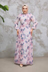 Çiçek Desenli Pudra Tesettür Elbise 279916PD