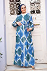 Desenli İndigo Mavisi Tesettür Elbise 23922IM