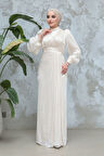 Drape Detaylı Ekru Tesettür Abiye Elbise 50921E