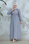 Fermuarlı Gri Tesettür Elbise 17021GR