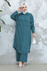 Düğmeli Petrol Mavisi Tesettür İkili Takım 44661PM