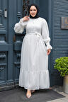 Düğmeli Beyaz Tesettür Elbise 13902B