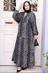 Leopar Desenli Gri Tesettür Elbise 52942GR