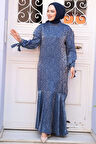 Desenli İndigo Mavisi Tesettür Saten Elbise 4457IM