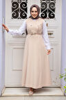 Bej Tesettür Jile Elbise 62081BEJ