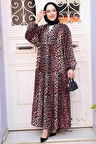 Leopar Desenli Bordo Tesettür Elbise 52942BR