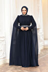 Omuzları Pelerinli Lacivert Tesettür Abiye Elbise 25911L