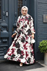 Desenli Mürdüm Tesettür Elbise 24061MU
