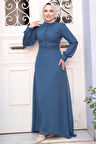Düğme Detaylı Açık Lacivert Tesettür Elbise 2703AL