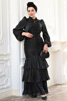 Fırfır Detaylı Siyah Tesettür Abiye Elbise 50271S