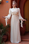 Drape Detaylı Krem Tesettür Abiye Elbise 52285KR