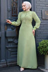 Düğme Detaylı Fıstık Yeşili Tesettür Elbise 2703FY