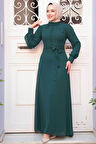 Düğme Detaylı Koyu Yeşil Tesettür Elbise 2703KY