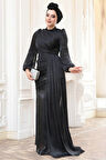 Drape Detaylı Siyah Tesettür Abiye Elbise 52585S