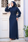 Düğme Detaylı Lacivert Tesettür Elbise 2703L