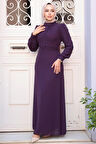 Düğme Detaylı Koyu Mürdüm Tesettür Elbise 2703KMU