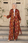Desenli Turuncu Tesettür İkili Kimono Takım 12885T